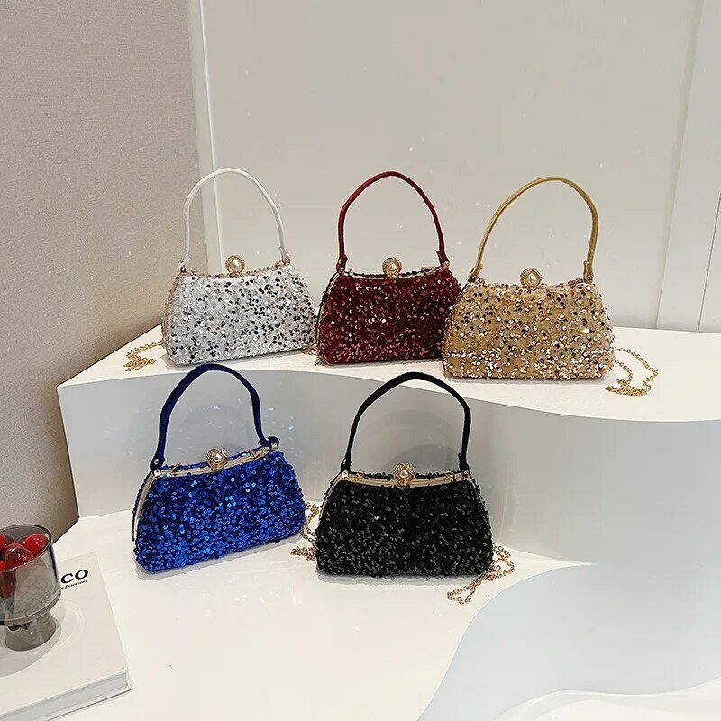 Роскошные сумочки для женщин 2024, трендовая модная вечерняя сумочка с блестками, Женская Блестящая Наплечная сумочка с цепочкой и жемчугом