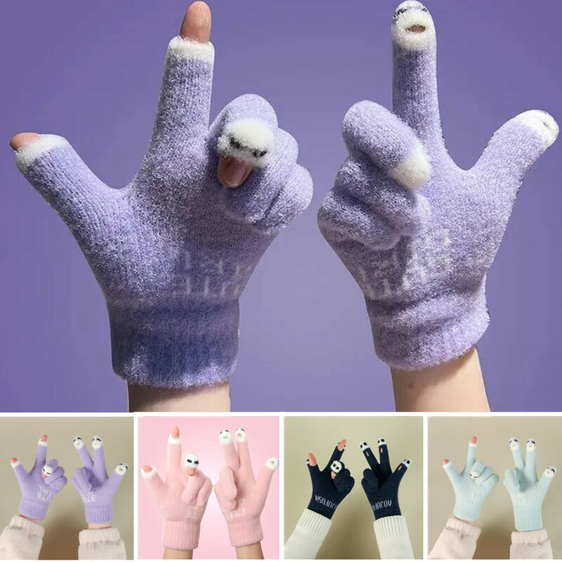 Women Girls Winter Knitted Fingerless Gloves Cute Panda Fingertip Thicken Warm Gloves Full Finger Mittens Outdoor Skiing Gloves