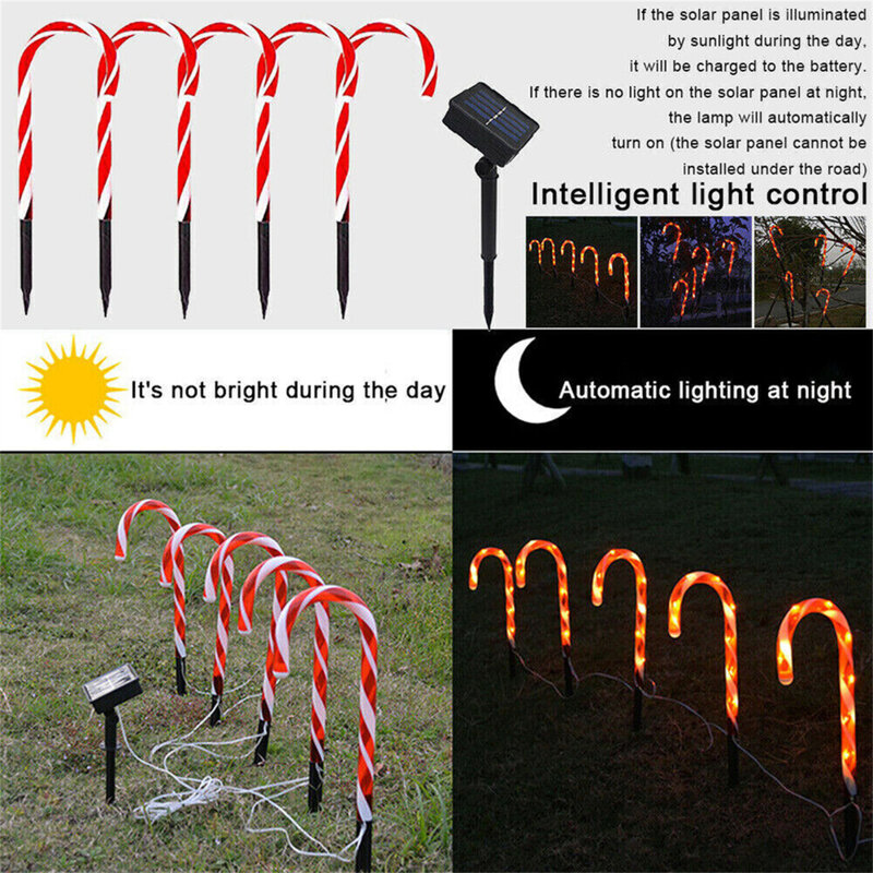 Led Candy Cane Lights With Stakes 2V/100MA Solar Panel 8 Modes Pathway Marker Lights For Xmas Outdoor Patio Garden Walkway Decor