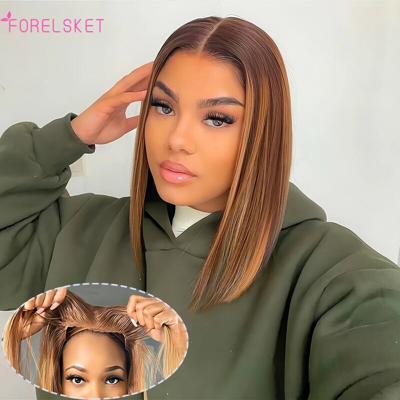 Glueless Wear To Go Highlight Straight Short Bob Wig Transparent 6x4 Lace Frontal Human Hair Wigs For Women P4/27 Lace Human Wig