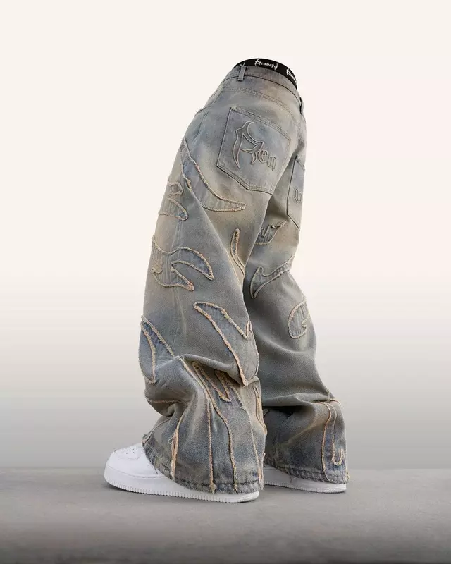 Новинка, лидер продаж, рваные джинсовые брюки с вышивкой и необработанными краями, мешковатые джинсы в стиле Харадзюку в стиле ретро, повседневные штаны в стиле хип-хоп для мужчин и женщин Y2k