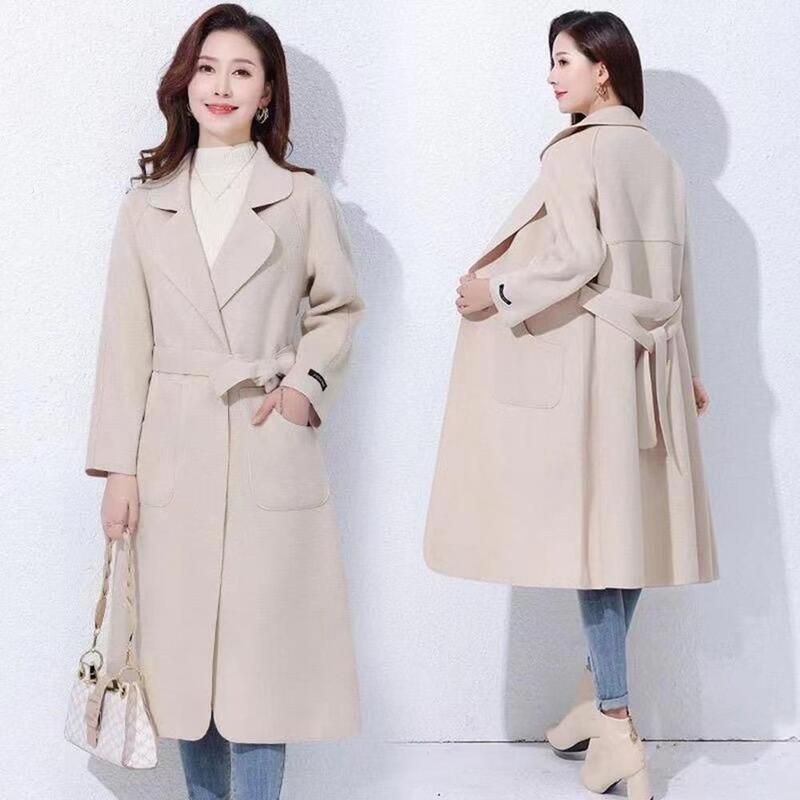 Tralike-Manteau mi-long pour femme, pardessus document solide, col rabattu, poches à point ouvert, matériau optique chaud pour l'automne
