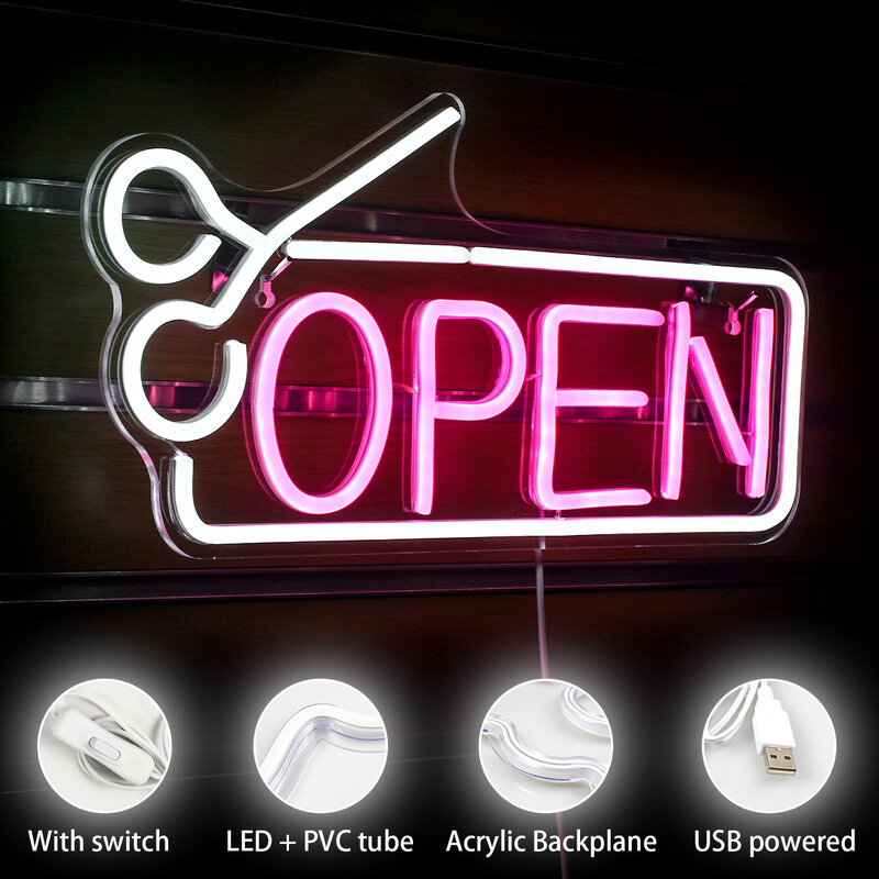 Enseigne au néon LED USB pour salon de coiffure, logo de conception créative, décoration murale pour salon de coiffure, lampe de club, ouvert
