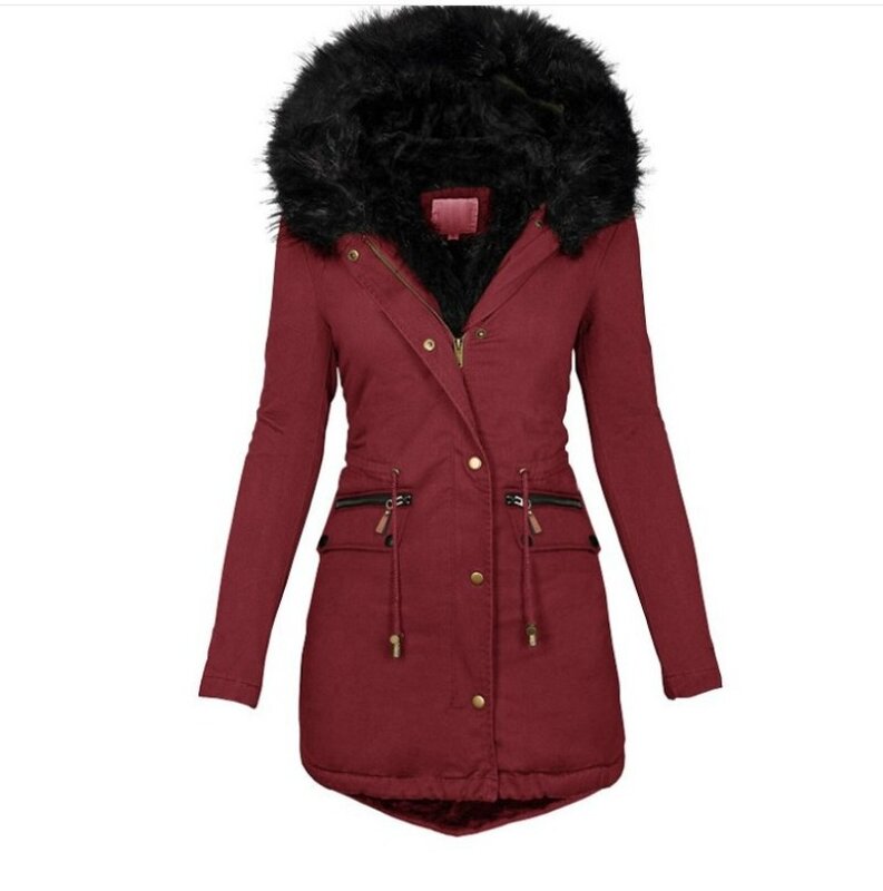 Womens Parkas  Autumn and Winter Solid Color Fur Collar Hooded Mid Length Warm Cotton Jacket for Women