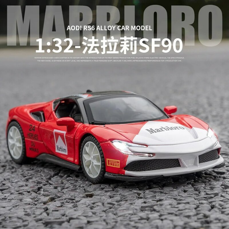 Ferrari SF90 Smile Car for Kids, High Simulation, Diecast Metal Alloy Model, Sound Light Rib Back Collection, Toy Gifts, 1:32