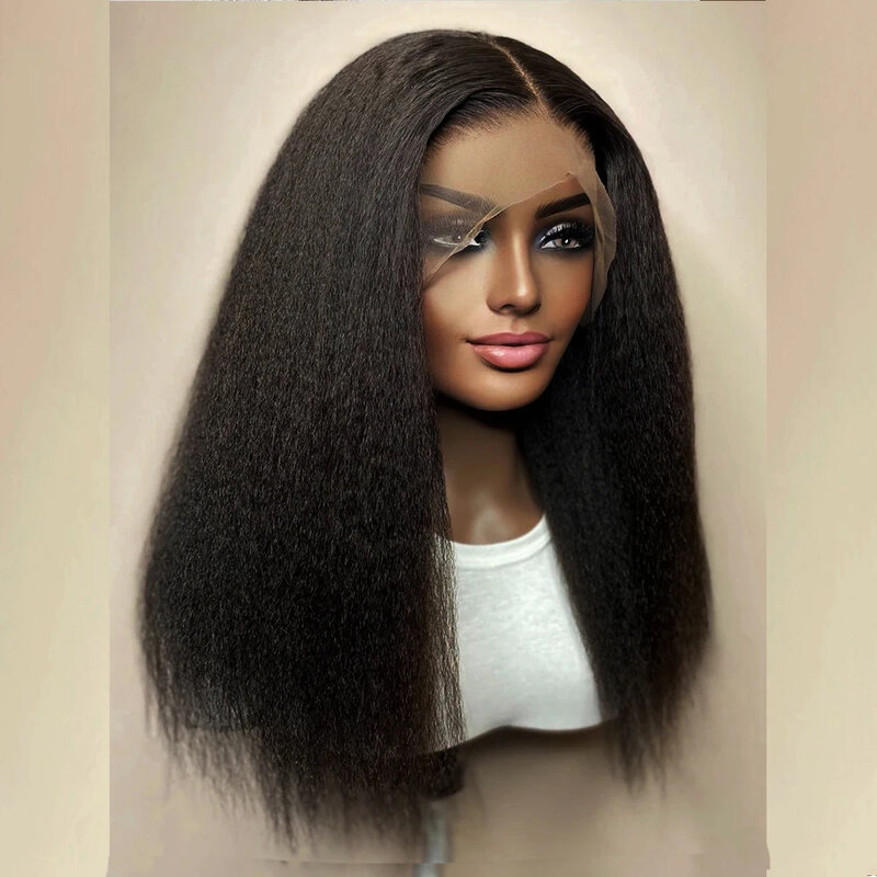 Yaki-peluca recta de encaje frontal para mujeres negras, pelo de bebé negro, sin pegamento, resistente al calor, 26 "de largo, 180de densidad
