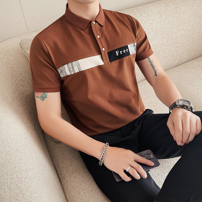 Kemeja Polo musim panas untuk pria, pakaian mewah Korea lengan pendek kasual Polos Slim Fit, kaus bisnis Homme
