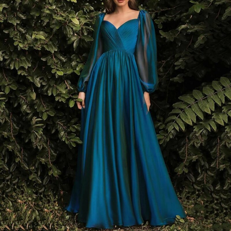 Gaun malam A-Line biru elegan, gaun malam kerah V Backless Formal lantai lengan panjang Puff lipit sifon untuk wanita 2023