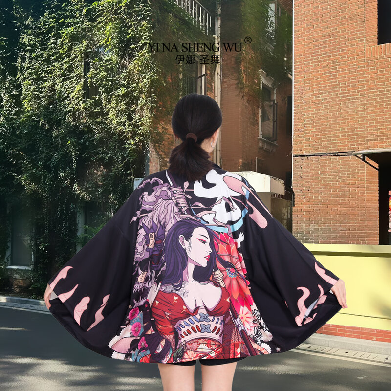 Quimono japonês com estampa raposa para homens e mulheres, cardigã Harajuku sexy Yukata, streetwear feminino, Haori tradicional, estilo diário, Harajuku