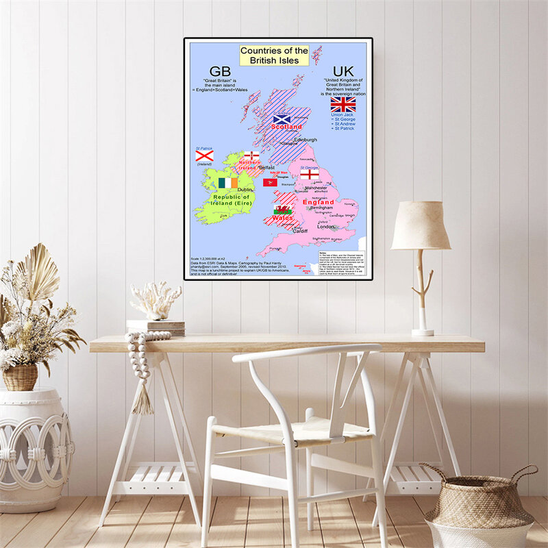 Mapa del Reino Unido de 60x90cm, lienzo de pintura Vintage, póster de Arte de pared, decoración del hogar, suministros escolares de viaje, 2010