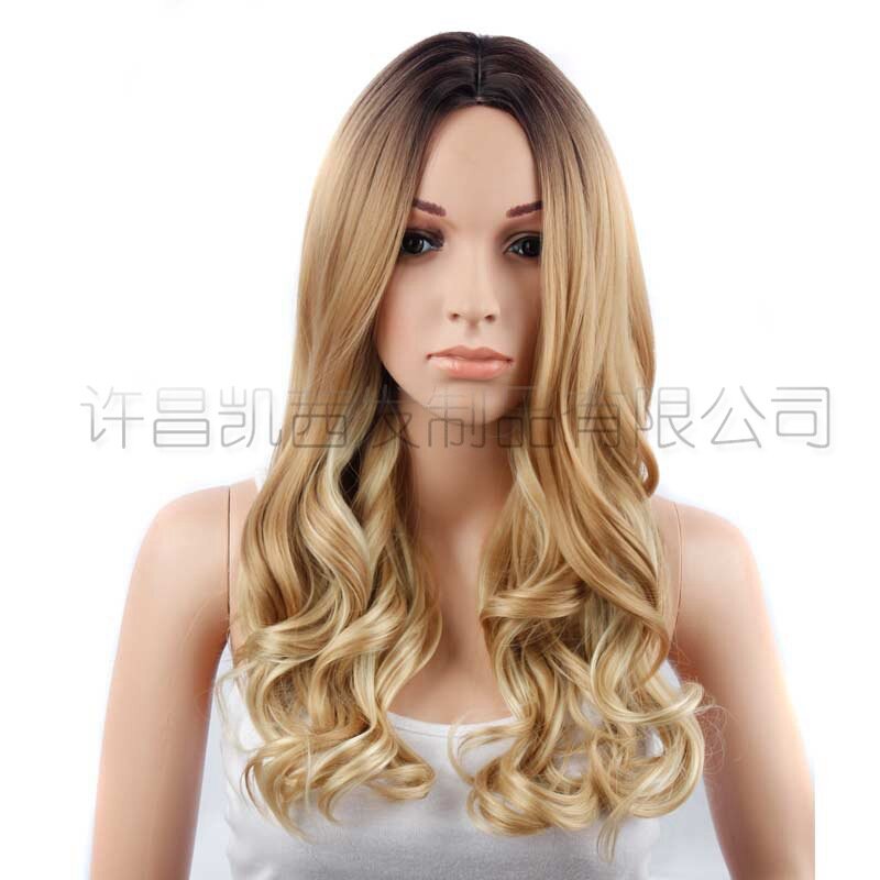 Wholesale wigs for women with gradient color, medium parting, large waves, long curly hair. Available for cross-border e-commerc