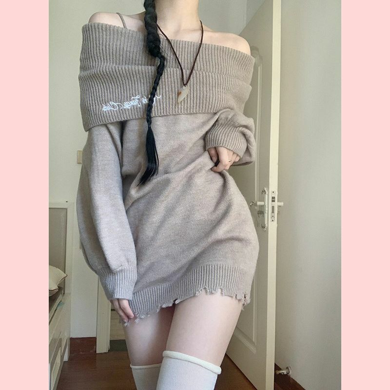 HOUZHOU-Mini Vestido de punto de una pieza para mujer, suéteres largos con hombros descubiertos, vestido ajustado Sexy, ropa de calle coreana, Y2k, Invierno