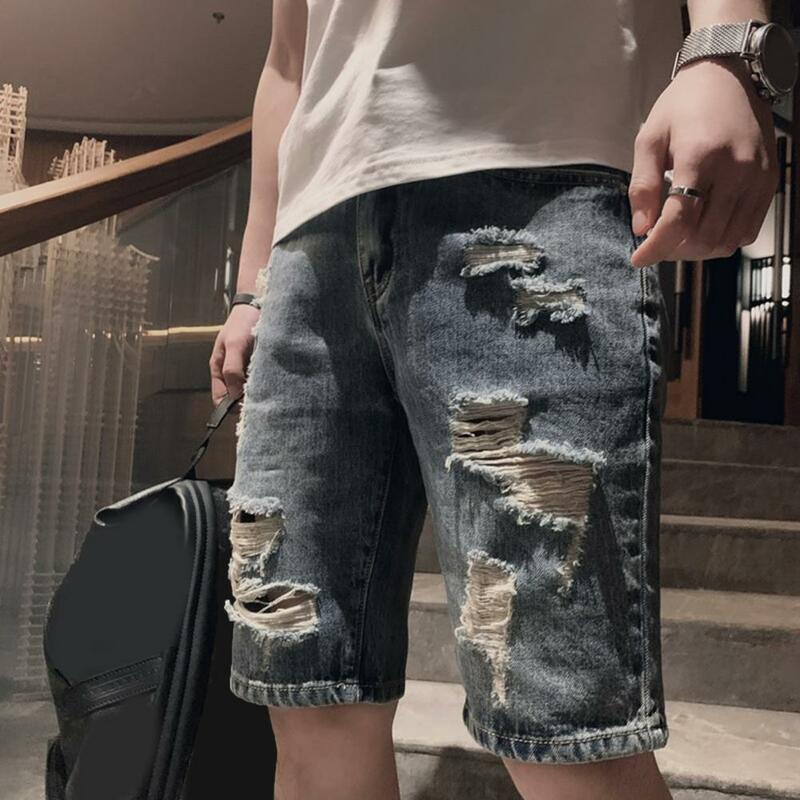 Шорты мужские рваные джинсовые до колена, средняя посадка, карманы, молния, пуговицы, прямые штаны, уличная одежда, лето