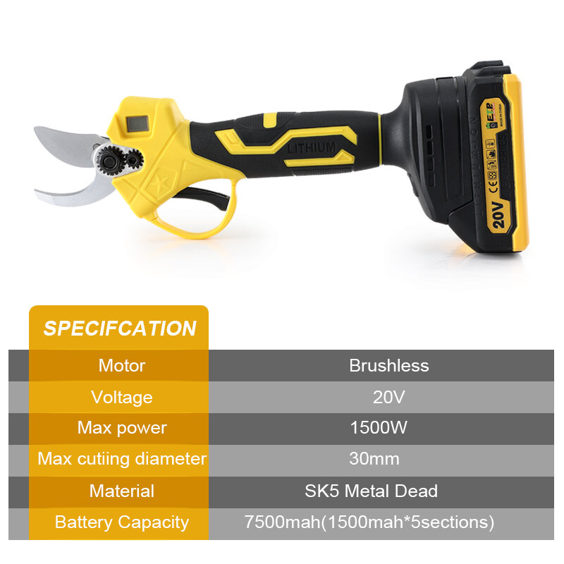 1500W 30mm Brushless Electric Pruner Shear Cordless Rechargeable Fruit Tree Bonsai Pruning Branches Cutter Tool For Makita 18V B
