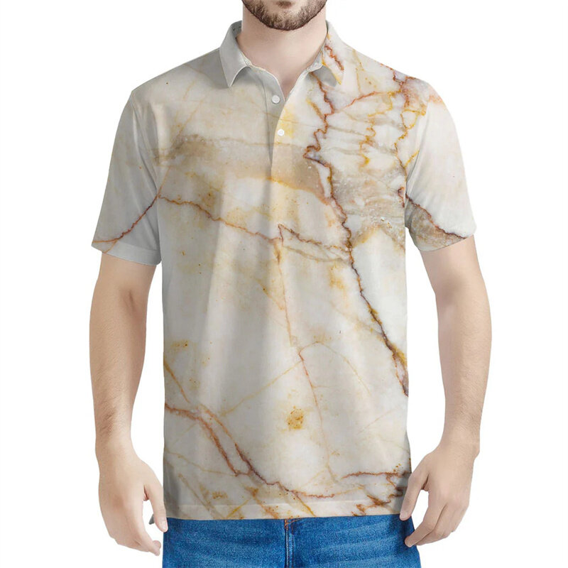 Polo con estampado 3D de mármol para hombre y mujer, camiseta informal de manga corta con botones de calle, camisetas de gran tamaño