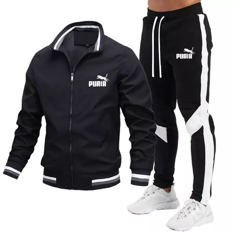 Pakaian olahraga pria 2 potong, jaket olahraga + Celana pelindung tali serut, pakaian olahraga lari musim semi dan musim gugur