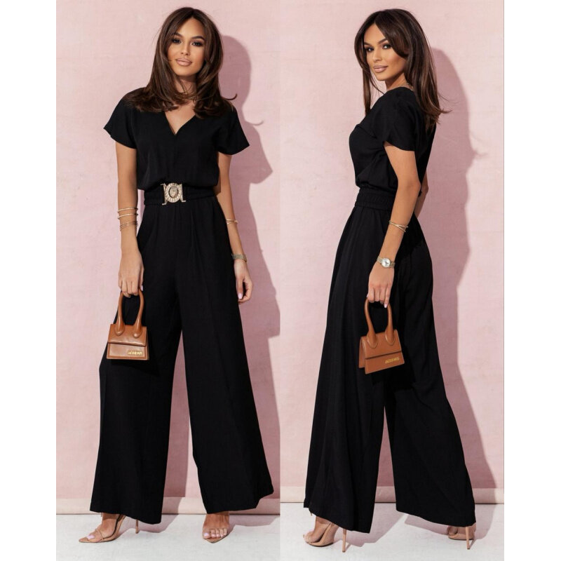 Women's Clothing Solid ColorVCollar Waist Trimming Short-Sleeved Casual Trousers Jumpsuit