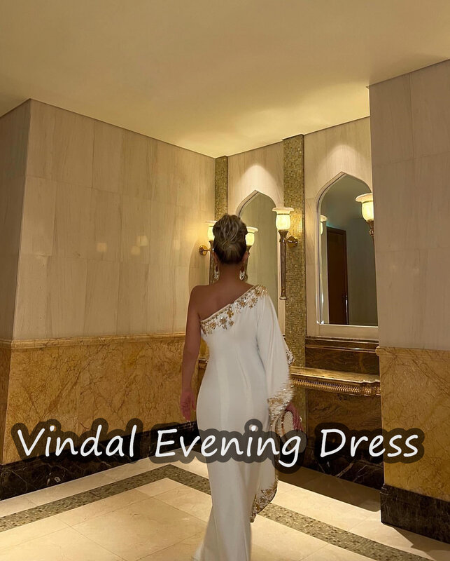 Vindal A-Line Floor Length Evening Dress Elegant Satin Ruffle Short Sleeves One shoulder Neckline Prom Skirts For Woman 2024