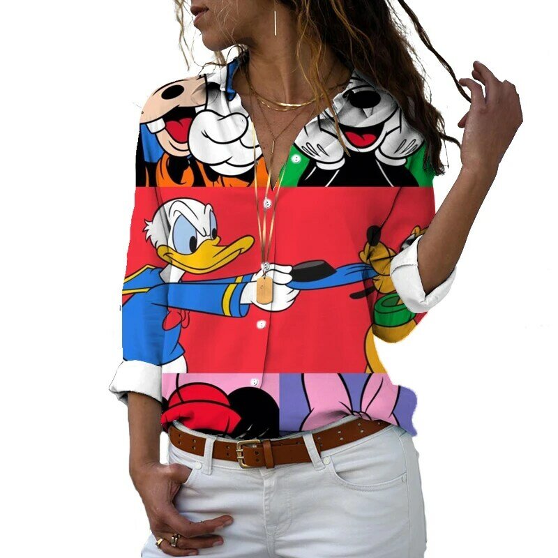 2022 jesień damska V Neck z długim rękawem Casual prosta koszulka patchworkowa na wiosnę jesienna damska koszulka Disney myszka Minnie