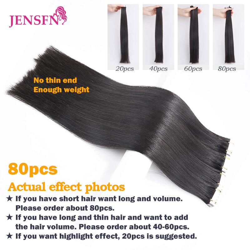 Jensfn-エクステンションのミニテープ,自然な人間の髪の毛の100%,ストレート,シームレスなポリウレタンのスキン,サロン用,16 "-26"