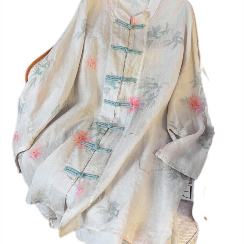 중국 스타일 프린트 코튼 리넨 여성 셔츠, 루즈핏 경량 얇은 가디건, 중간 길이 의류 상의, 신상