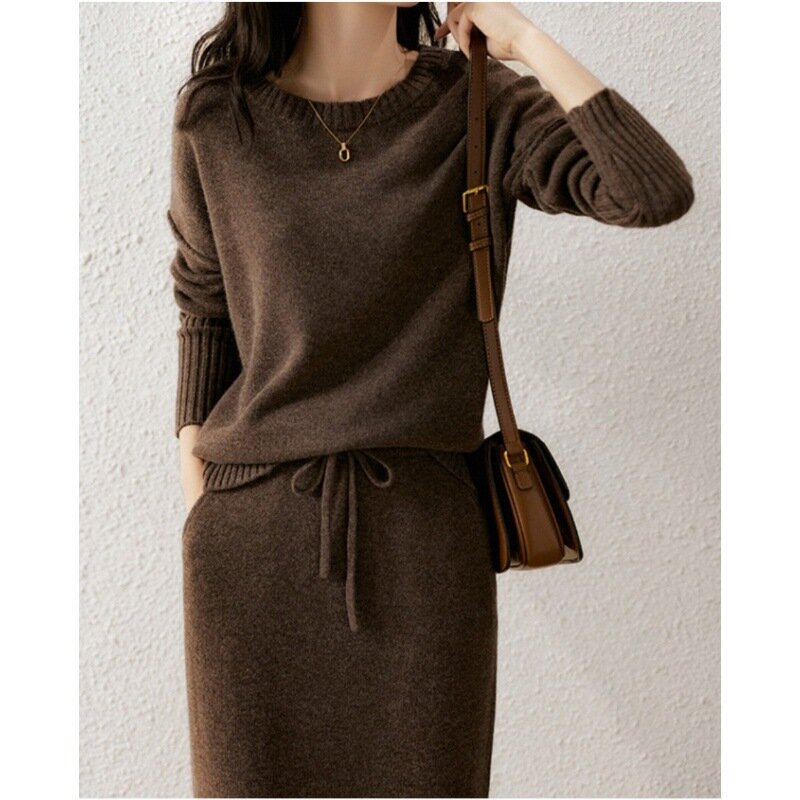 Korean Fashion Two Piece Sets Womens Outifits Solid Knitted Sweater Dress Sets Loose Pullover Sweater Skirt Sets Womens Clothing