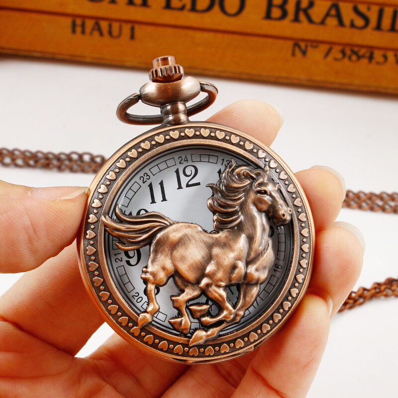 Retro czerwona brązowy koń fajny przystojny z ażurową dekoracją kwarcowy zegarek kieszonkowy kolekcja spersonalizowany naszyjnik męski prezent