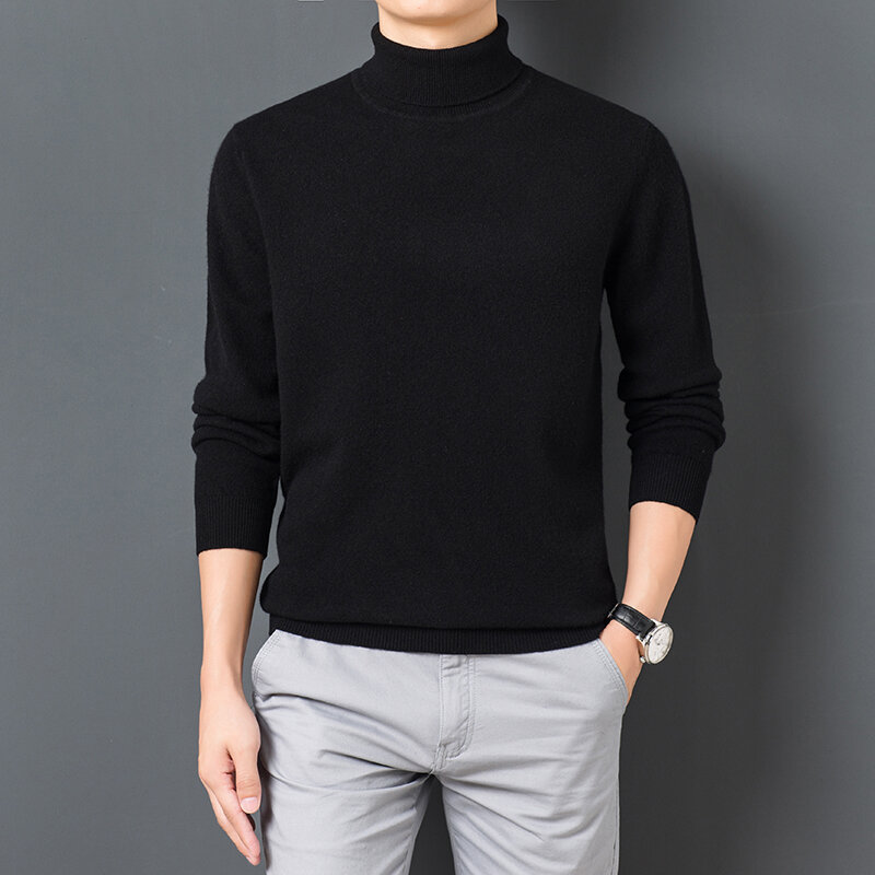 男性用単色の暖かく快適なタートルネックセーター、長袖プルオーバー、男性用服