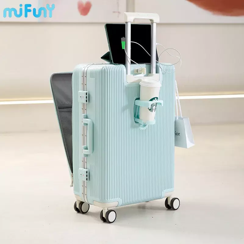 Mifuny Gepäckraum mit USB-Schnitts telle Front öffnung Trolley Fall Mode Reisekoffer mit Getränke halter Modell Passwort