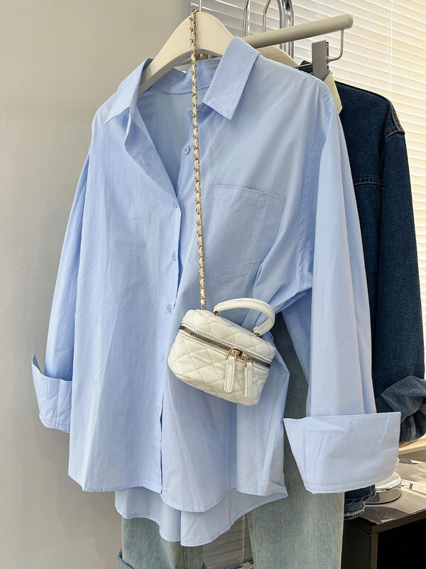 Frauen Blusen elegante Streetwear Büro lässig lose Knopf oben weiß blau Langarm Vintage Overs ize Shirt Tops
