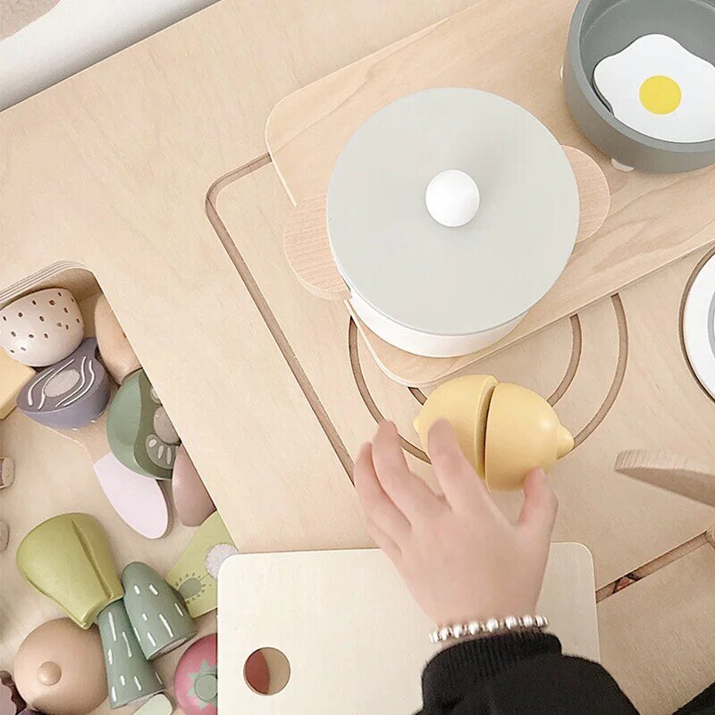 Miniatur potongan buah sayuran, peralatan dapur simulasi makanan anak-anak, mainan kayu belajar peran anak-anak