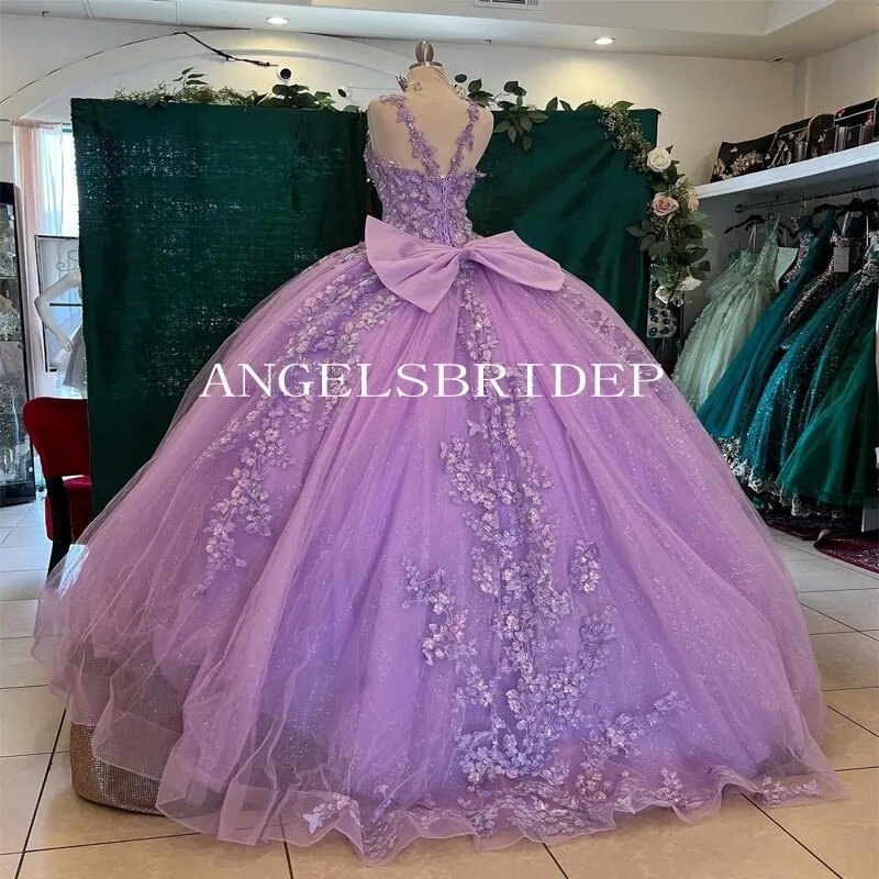 Angelsbridep Shiny Light Purple Ball Gown Sweet 16 Quinceanera Dresses With Appliques Lace Up Tull Princess Brithday Party Gowns