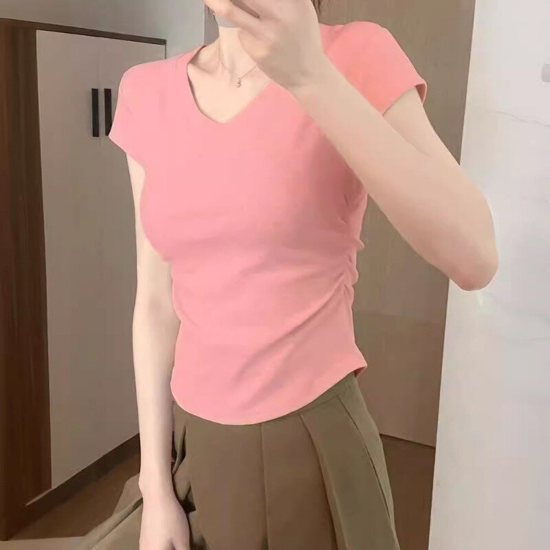 Sommer Frauen neue Pullover V-Ausschnitt Patchwork Mode einfarbig bequem vielseitig lässig lässig Kurzarm T-Shirts Tops