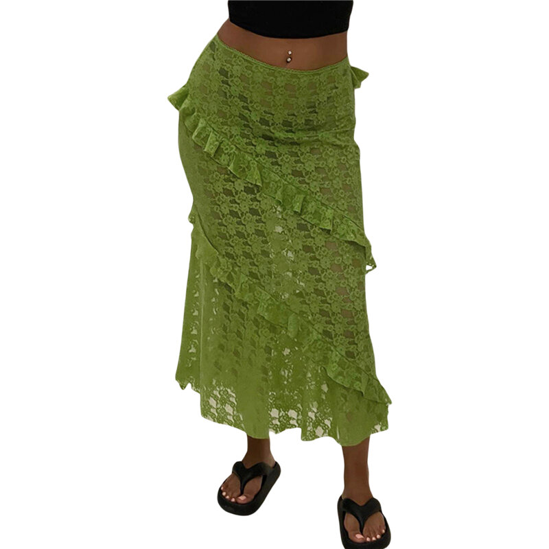 Женская Жаккардовая юбка миди с оборками, кружевная прозрачная сетчатая юбка с цветочным узором, в стиле 1920-х, лето 2000