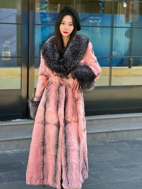 Abrigo largo de piel auténtica de alta gama para mujer, chaqueta cálida con estampado de piel de conejo, estilo de moda, invierno, 2024