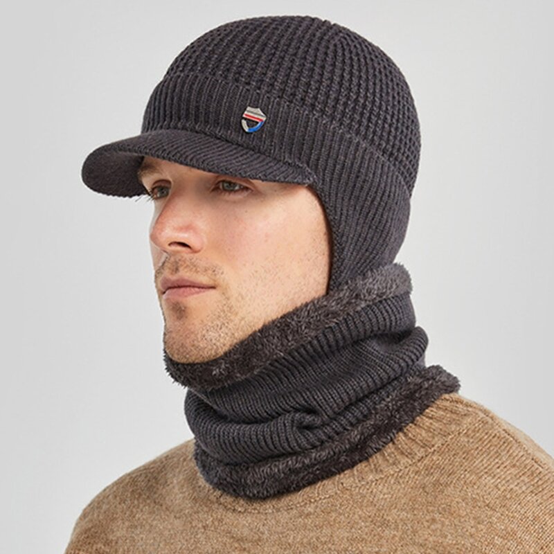 2Pcs Winter Hat Scarf Set Warm Neck Gaiter Balaclava Knit Beanie Visor Earflap
