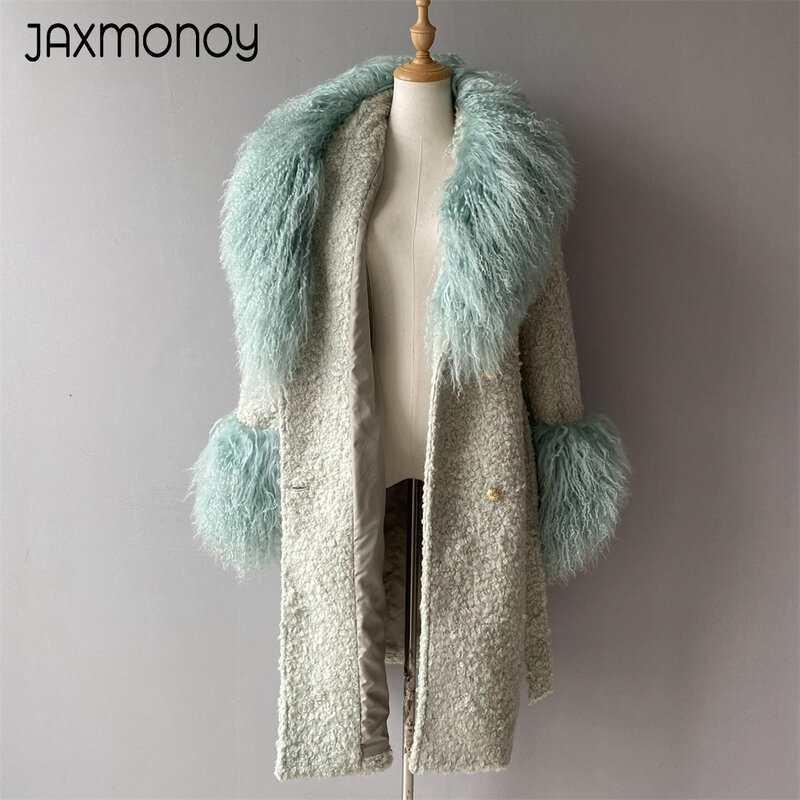 Jaxmonoy-Casaco longo de lã feminino com pele mongol real, casacos quentes femininos, moda elegante, inverno, nova chegada, 2024