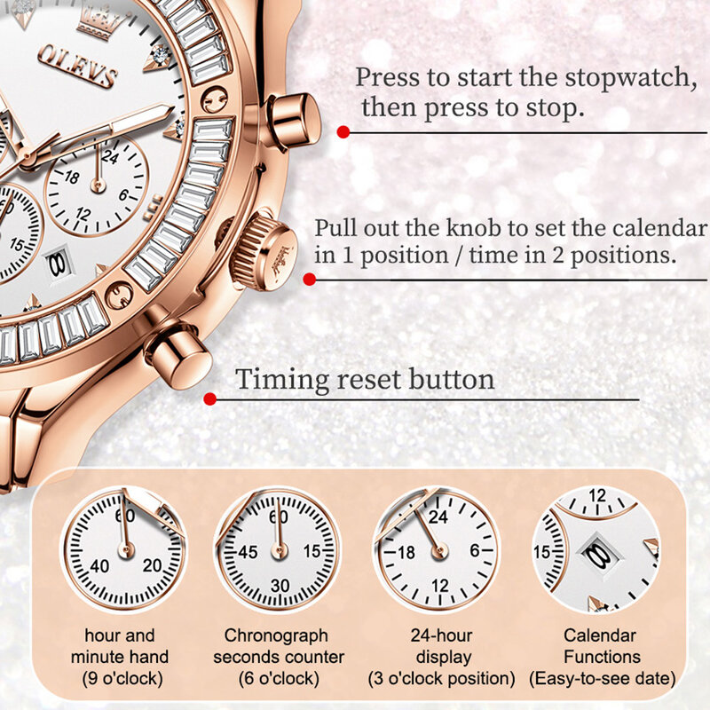 OLEVS jam tangan wanita, jam tangan tali kulit kronograf tahan air bercahaya multifungsi Quartz