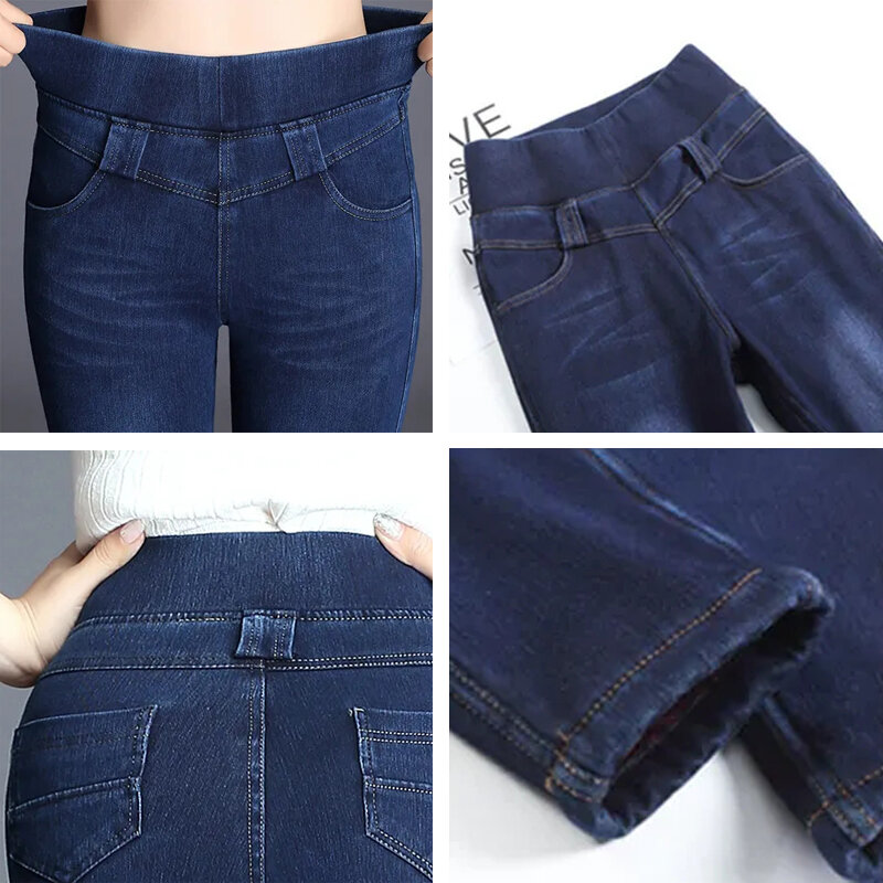 Obcisła, ołówkowa jeansy jesienno-zimowe z wysokim stanem zagęszczają spodnie dżinsowe na co dzień z aksamitną podszewką Vaqueros duży rozmiar 38 spodnie ze strechu