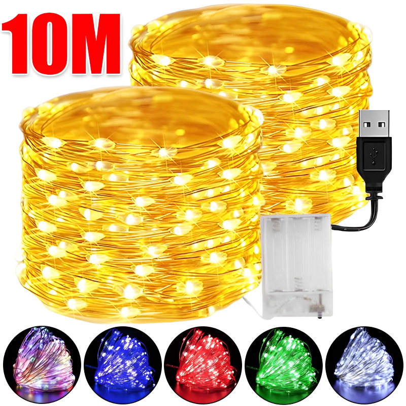 10/2M LED Copper Wire String Lights USB/Battery Powered Garland Fairy Lighting Strings for Holiday Christmas Wedding Party Decor