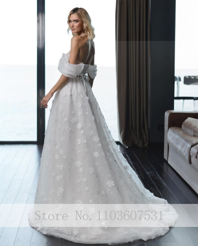 Elegant Boat Collar Floral Appliques Lace Tulle Bow Wedding Dress for Women Pleated A-line Court Wedding Party Gown فستان الزفاف