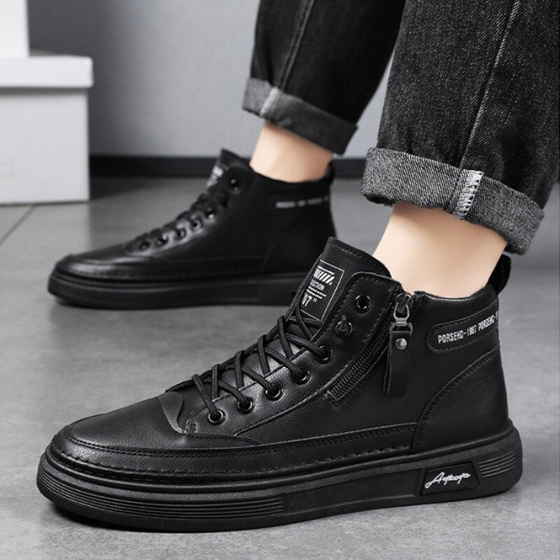 Spring Autumn Men High Top Leather Casual Shoes Fashion Non Slip Wear-resistant Tooling Shoes Men Ankle Boots Flat Shoe Sneakers