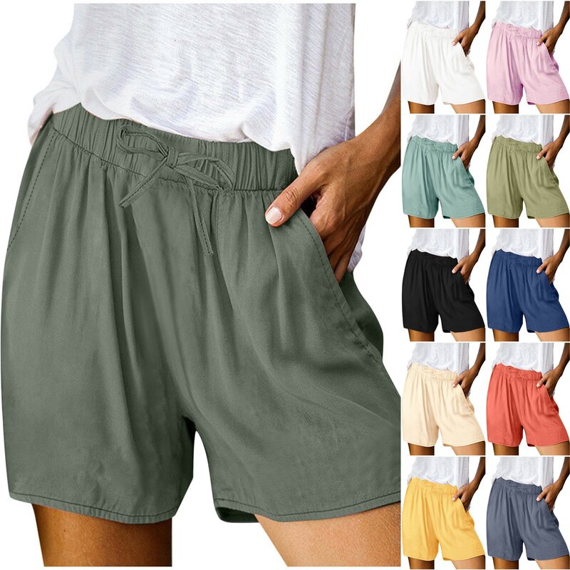 Shorts de linho algodão de cor sólida feminino, elástico na cintura, cordão, versátil, casual, primavera, verão