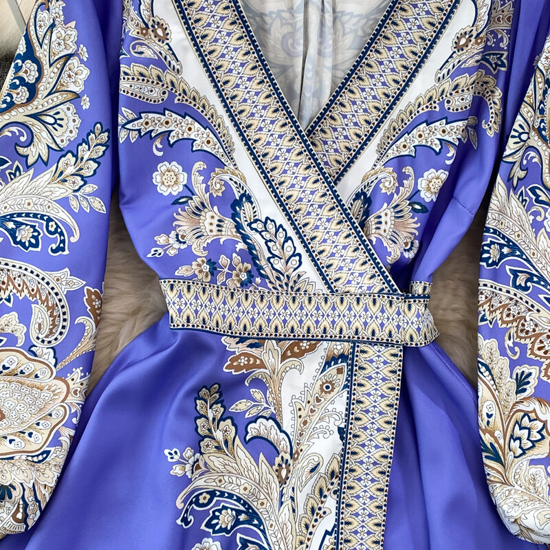 Primavera autunno elegante blu Navy abiti lunghi per le donne stampato Boho femminile sera partito Prom Dress manica lunga abiti di lusso