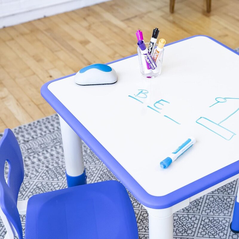 Stół dla dzieci, suchy kwadratowy stół do ćwiczeń, z 2 krzesłami, regulowany, meble dziecięce, niebieski, 3-częściowy zestaw stół i krzesło