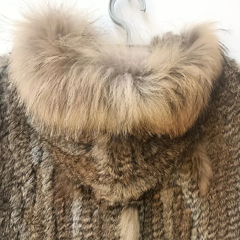 Chaleco de piel de conejo Real con capucha para mujer, cuello de piel de mapache Real, moda sin mangas, chaleco de piel de conejo genuino, prendas de vestir