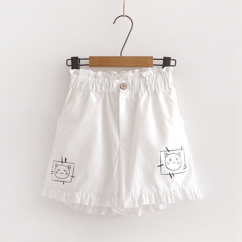 Summer Women Clothing College Style Vintage Ruffle Shorts Japanese Kawaii Blue Shorts for Teen Soft Girls Cute Cat Cartoon Print