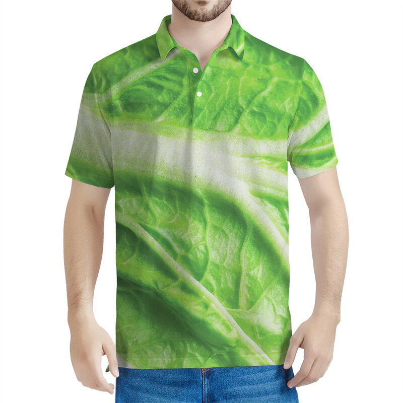 남성용 양배추무늬 폴로 셔츠, 3D 프린트 야채 티셔츠, 캐주얼 오버사이즈 티셔츠, 라펠 단추 반팔, 여름