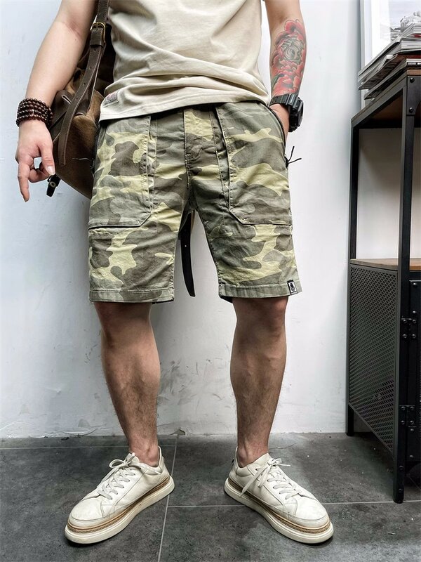 Calções de carga multi-bolsos masculinos, camuflagem militar, fino, casual, estilo retro, ao ar livre, verão