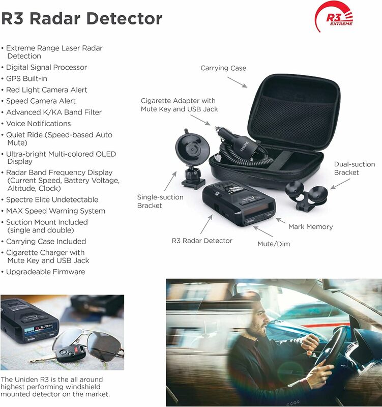 Uniden r3エクストリームレーザーレーダー検出器、記録目立たないパフォーマンス、内蔵GPS、ミュートメモリ、音声アラート